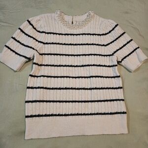 Navy Blue & White Striped Cable Knit Pearl Neckline Detail Sweater – Size L